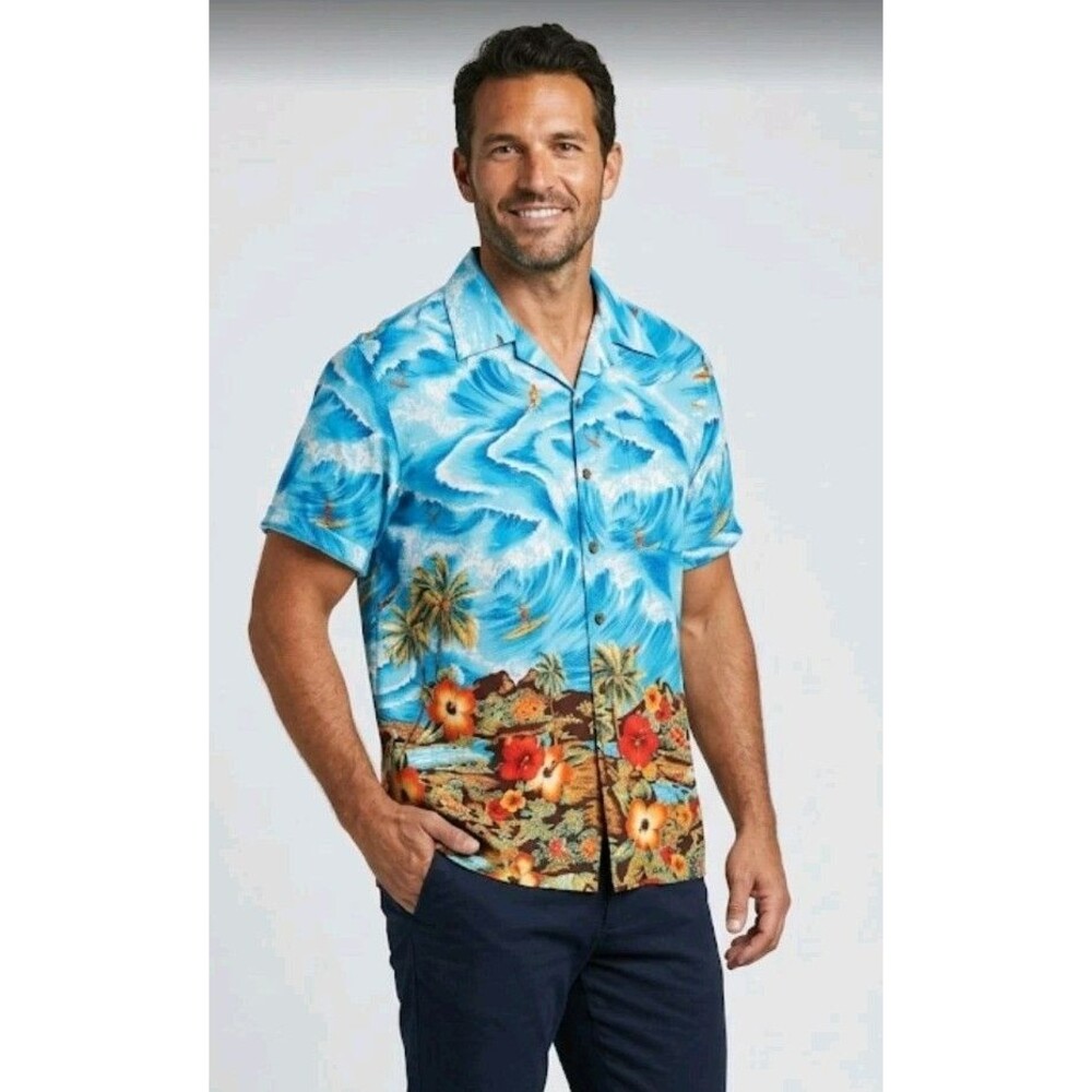 Coconut Pier Hawaiian Shirt Size M Blue Water & Floral Print Button